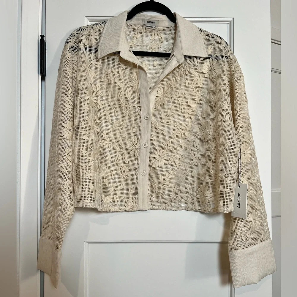 JASON WU Cropped Lace Shirt Buttoned Down Top (Large)